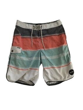 "Rip Curl Men's Striped Board Shorts - Size 30 - Coral & Teal with Cargo Pocket"